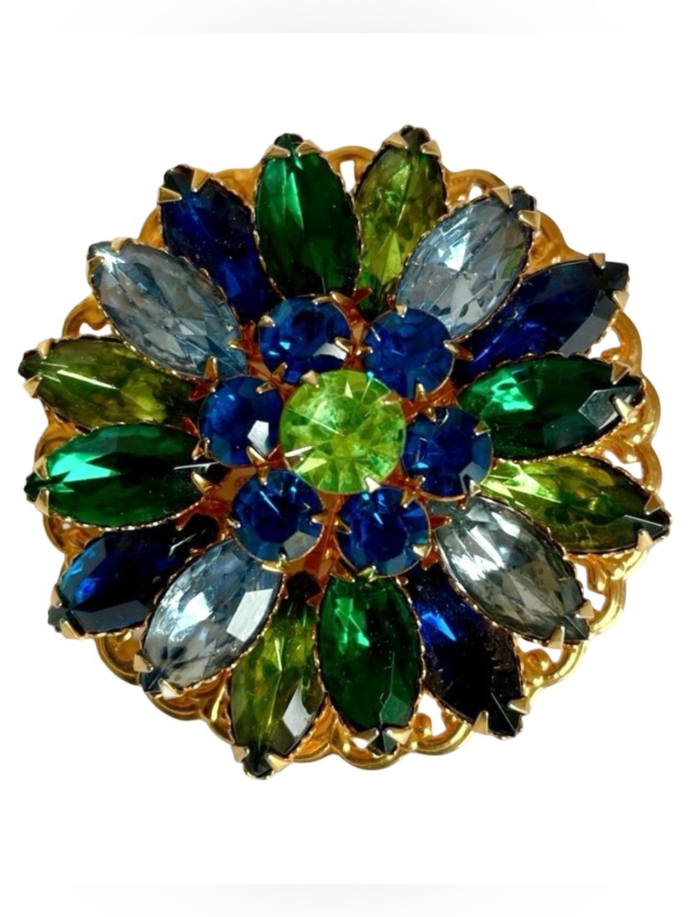 Vintage Goldtone 3D Uranium Glass Pronged Brooch With Blue And Green Rhinestones